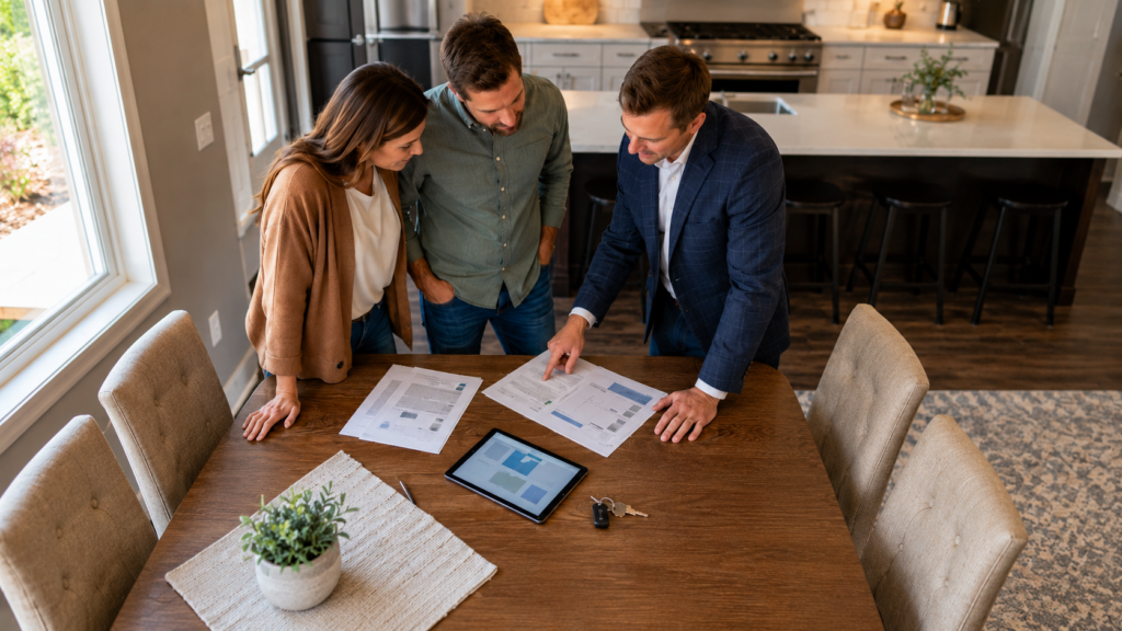 Independent home insurance policy quotes reviewed by homeowners at a kitchen table