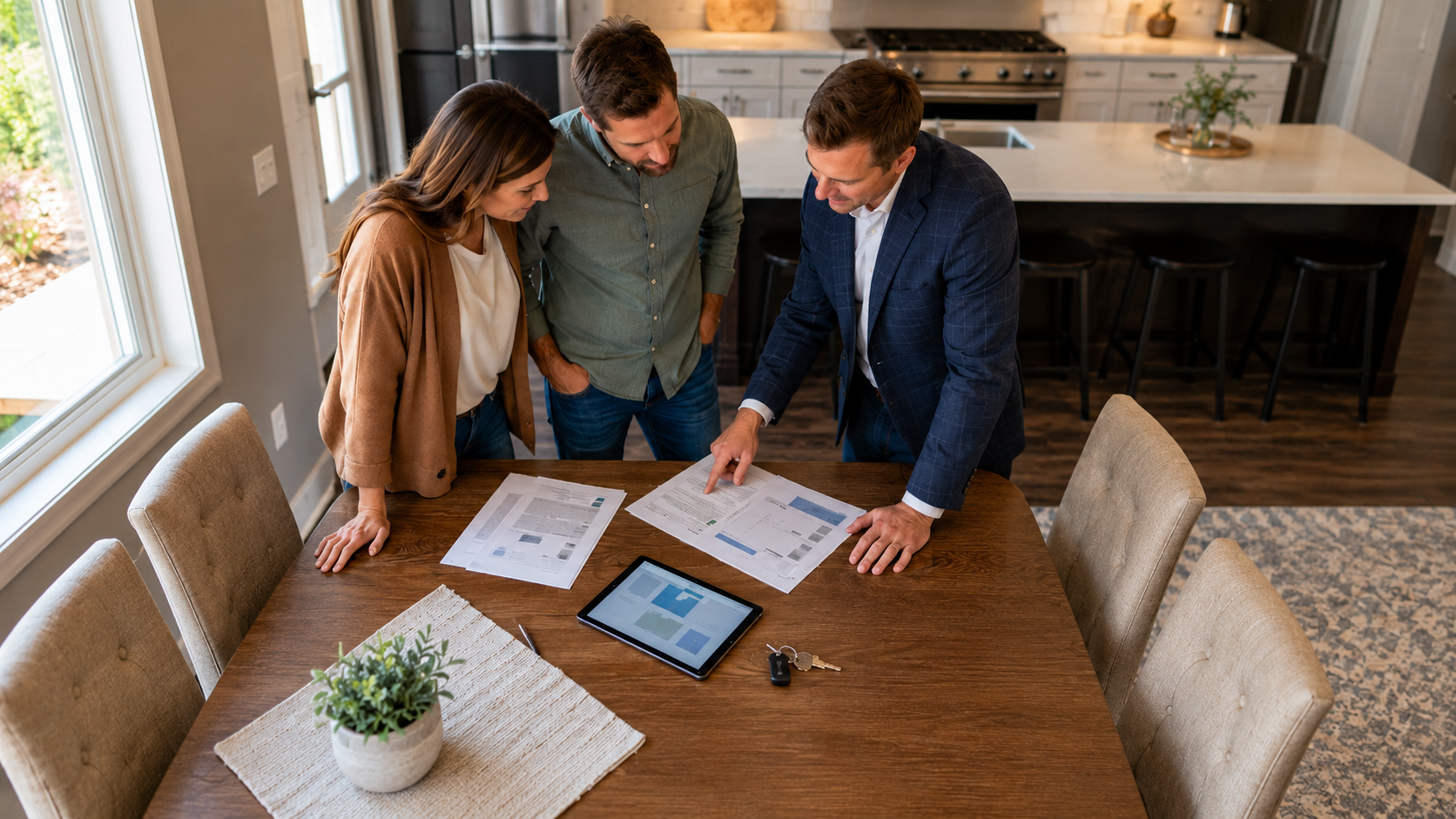 Independent home insurance policy quotes reviewed by homeowners at a kitchen table