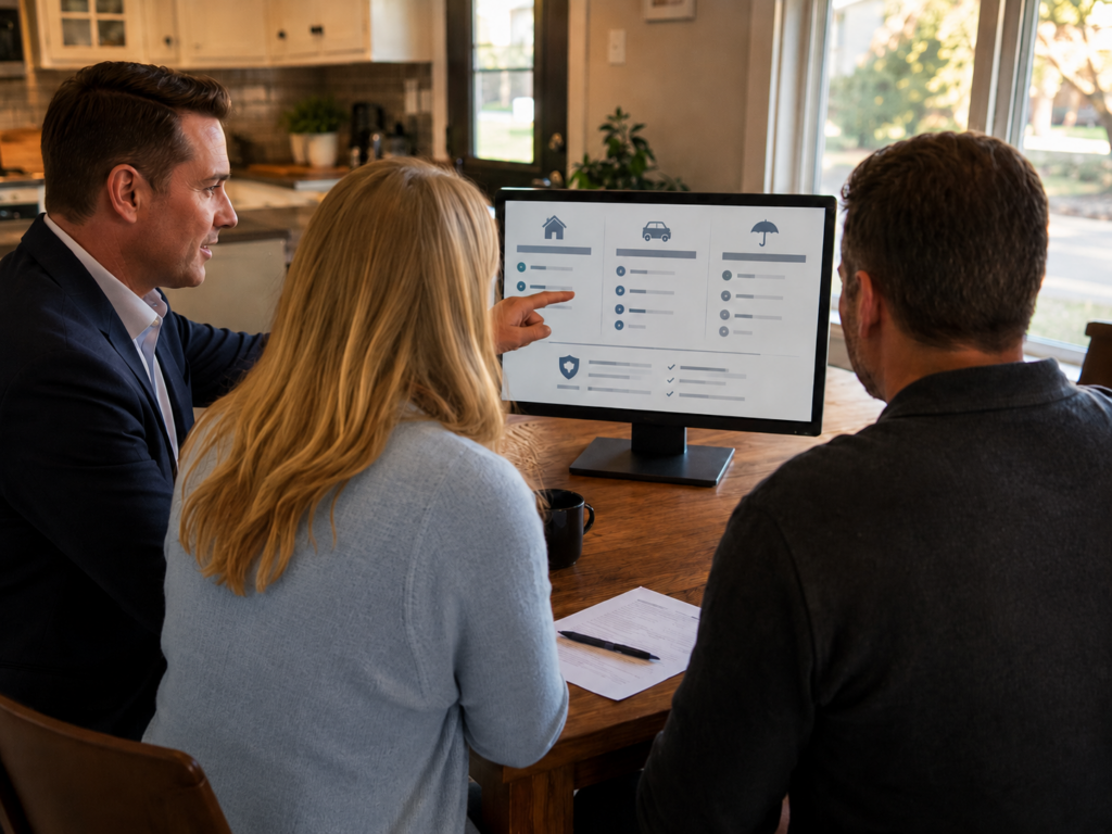 Homeowners reviewing independent home insurance policy quotes with an insurance agent at a kitchen table