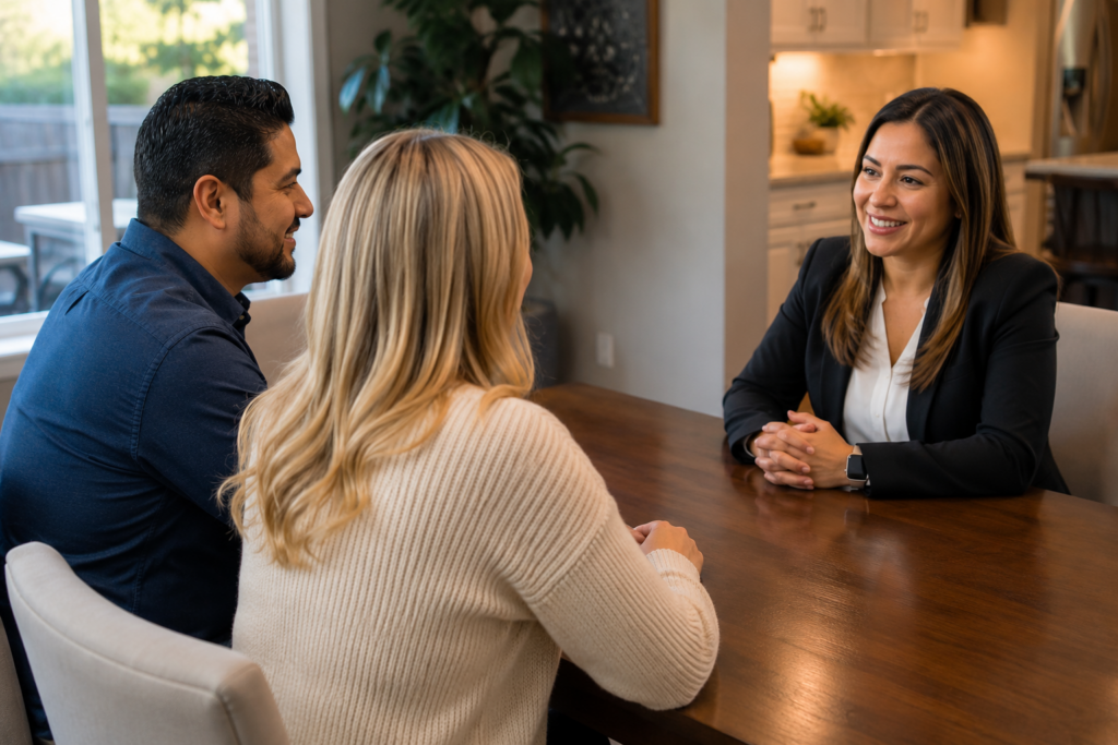 Homeowner reviewing independent home insurance policy quotes with an insurance agent at a kitchen table