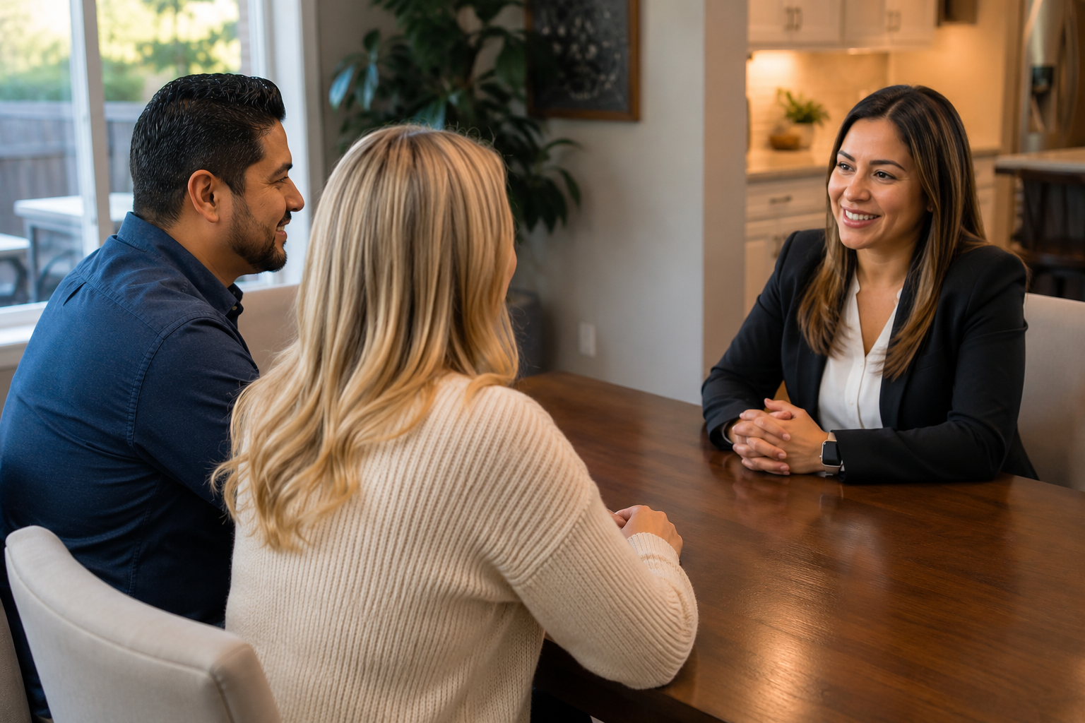 Homeowner reviewing independent home insurance policy quotes with an insurance agent at a kitchen table