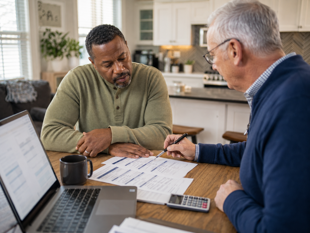 Kansas City homeowner comparing local home insurance rates with printed policy notes at a kitchen table