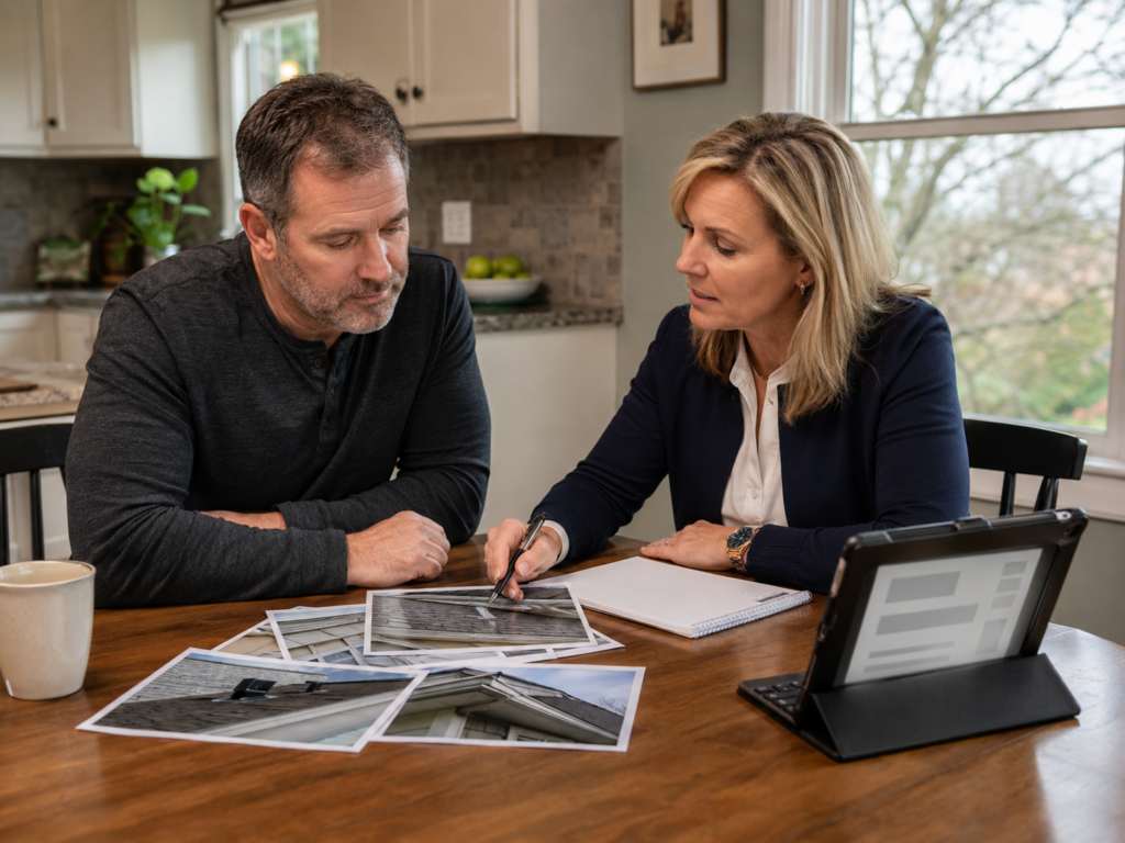 Local home insurance company helping a Jackson County homeowner review storm damage notes and coverage details
