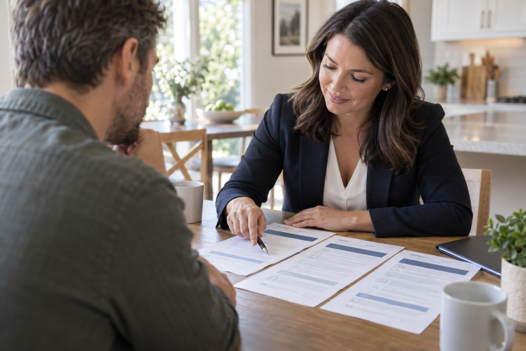Homeowner reviewing a clear home insurance quote and coverage details during an insurance consultation