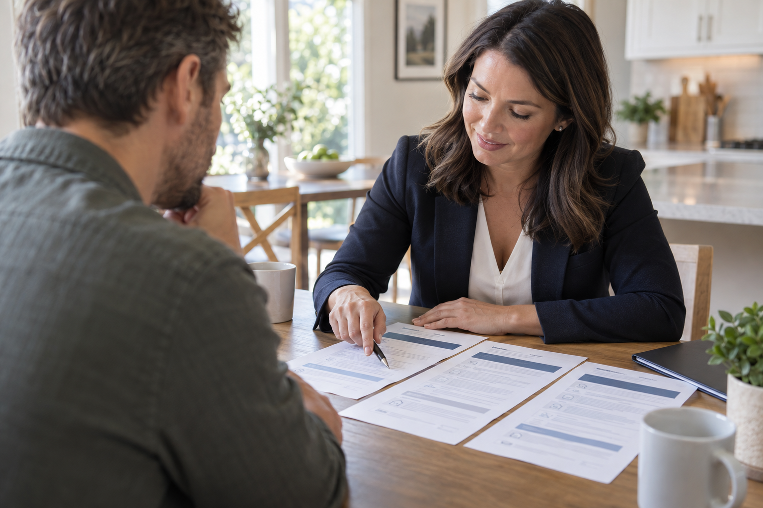 Homeowner reviewing a clear home insurance quote and coverage details during an insurance consultation